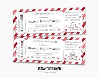 Editable Dinner Reservation Ticket: Surprise Gift Canva Template (PDF)