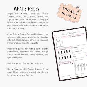 Puede incluir: Un planificador digital para el dise&ntilde;o de u&ntilde;as, que incluye una paleta de colores, una secci&oacute;n de notas y solicitudes, y un &aacute;rea de tema/inspiraci&oacute;n de dise&ntilde;o. El planificador es editable en Canva.