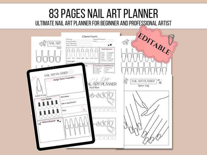 Puede incluir: Un planificador digital para dise&ntilde;os de arte de u&ntilde;as. El planificador incluye p&aacute;ginas para formularios de clientes, paletas de colores, plantillas de formas de u&ntilde;as e inspiraci&oacute;n para el dise&ntilde;o. El planificador es editable y tiene 83 p&aacute;ginas.
