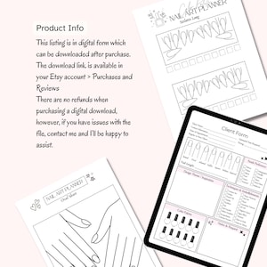 Puede incluir: Planificador de arte de u&ntilde;as imprimible con un formulario de cliente, plantillas de formas de u&ntilde;as y una tabla de paleta de colores. El planificador incluye secciones para la longitud de las u&ntilde;as, el tema del dise&ntilde;o, la inspiraci&oacute;n, la preferencia de acabado, las t&eacute;cnicas y los adornos, y las notas y las solicitudes.