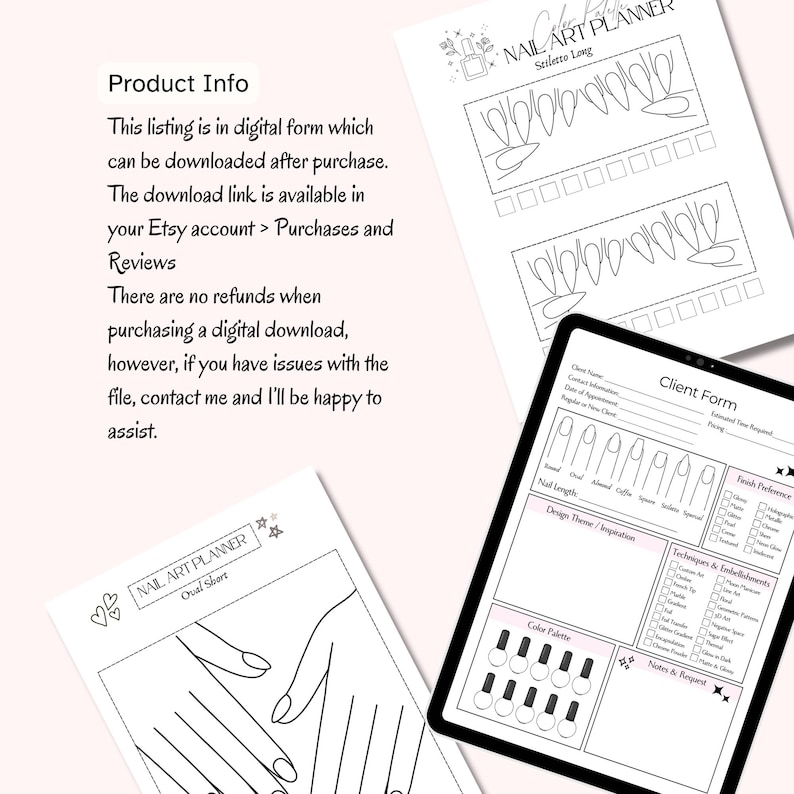 Puede incluir: Planificador de arte de u&ntilde;as imprimible con un formulario de cliente, plantillas de formas de u&ntilde;as y una tabla de paleta de colores. El planificador incluye secciones para la longitud de las u&ntilde;as, el tema del dise&ntilde;o, la inspiraci&oacute;n, la preferencia de acabado, las t&eacute;cnicas y los adornos, y las notas y las solicitudes.
