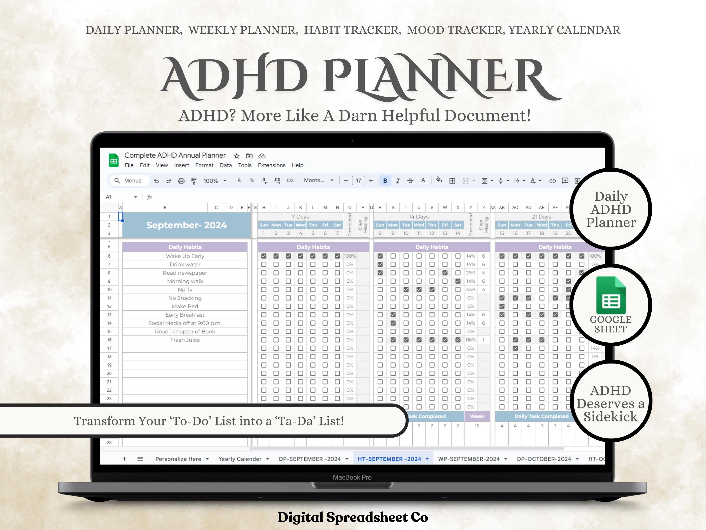 ADHD Digital Planner Google Sheets Spreadsheet iPad and Android Digital ...