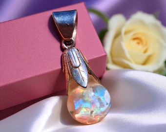 Vintage Opal: Sterling Silver Floating Opal Pendant | (Bail is not sterling) | Tulip Motif | Gift For Her