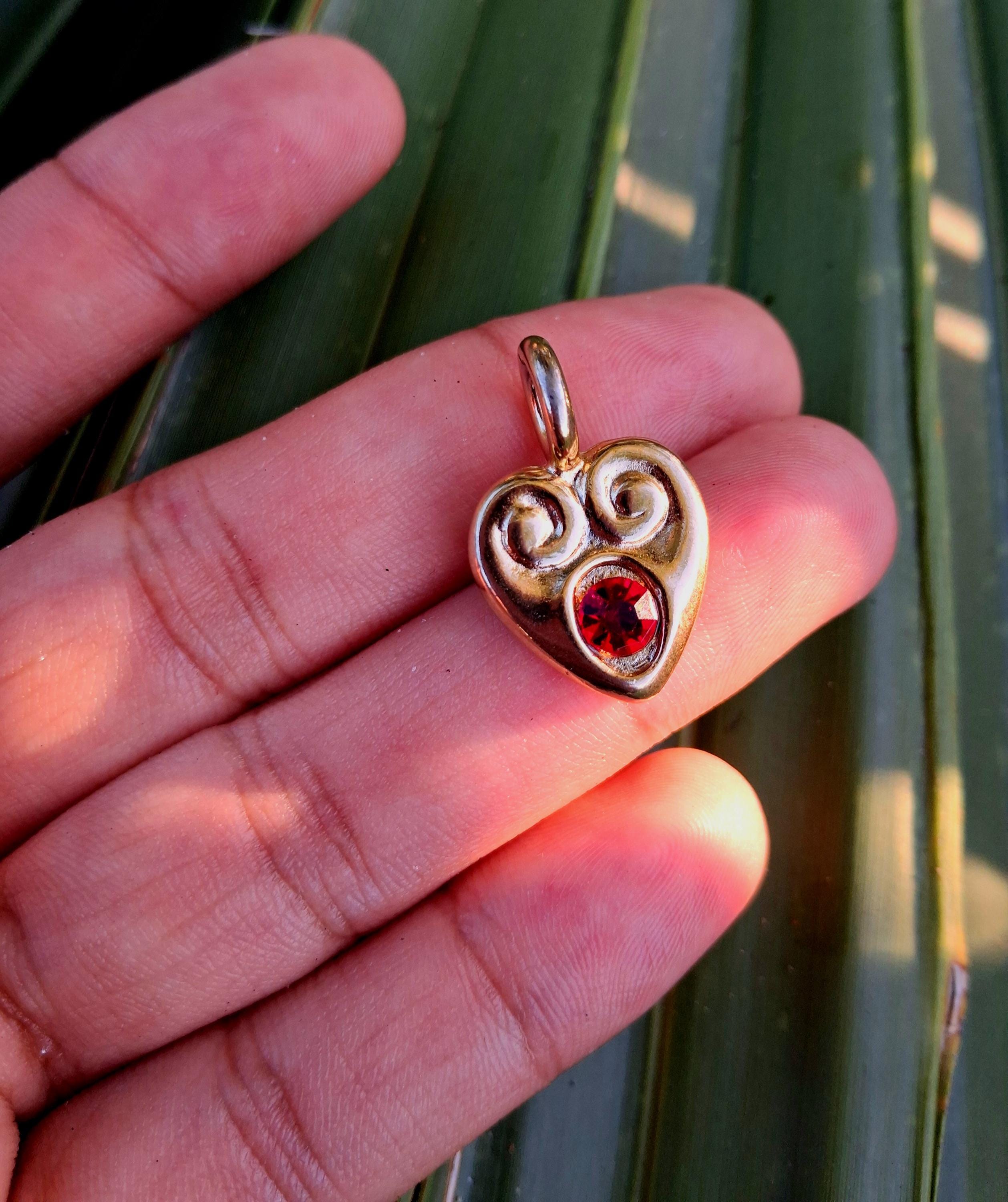Small Gold Plated Heart SWIRL Vintage Pendant | Dainty | Minimalist Jewelry | Ruby Red Rhinestone