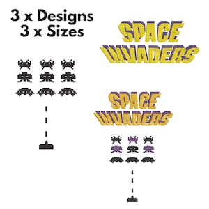May include: Three different designs of Space Invaders embroidery patterns, each in three sizes. The designs include the classic Space Invaders alien, the words "Space Invaders" in a retro font, and a combination of both.