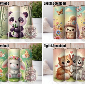 Lindos dibujos animados de oso panda, erizo, conejo y gatitos: paquete de 4 vasos delgados de 20 oz para sublimación (solo descarga digital)