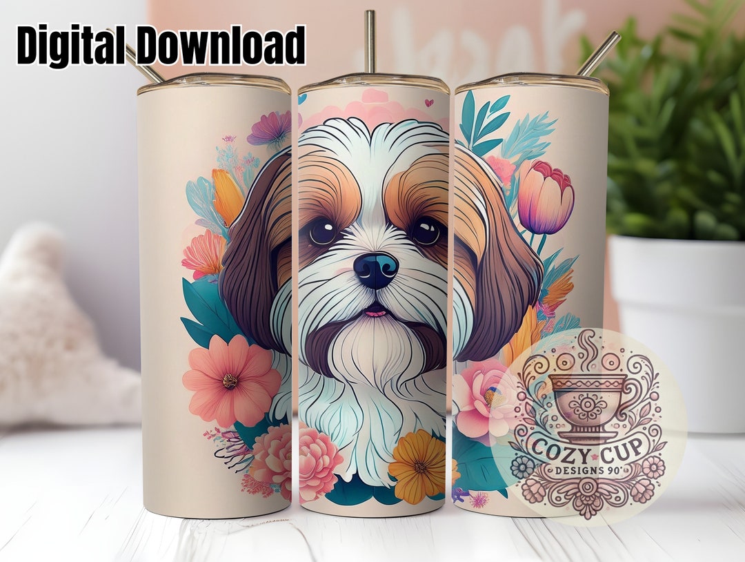 Floral Tan and White Shih Tzu Dog - 20oz Skinny Tumbler Sublimation ...