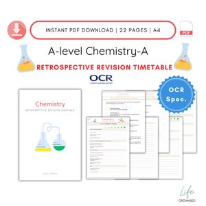 Könnte beinhalten: Ein A-Level Chemistry-A Retrospective Revision Timetable für OCR, ein 22-seitiger PDF-Download. Das Cover zeigt ein Becherglas mit einer gelben und grünen Flüssigkeit. Der Zeitplan umfasst Abschnitte für Chemie, Fortschrittsverfolgung und Prüfungsvorbereitung.