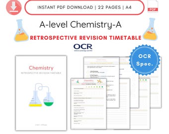 May include: An A-level Chemistry-A Retrospective Revision Timetable for OCR, a 22-page PDF download. The cover features a beaker with a yellow and green liquid. The timetable includes sections for Chemistry, Track Progress, and Exam Preparation.