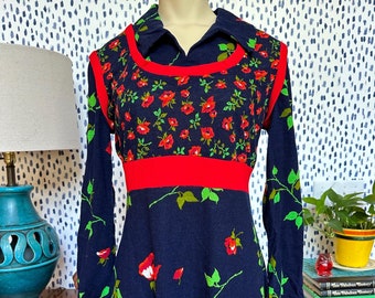 Retro Fashion - 1970s Floral Mini Dress - Polyester Blend