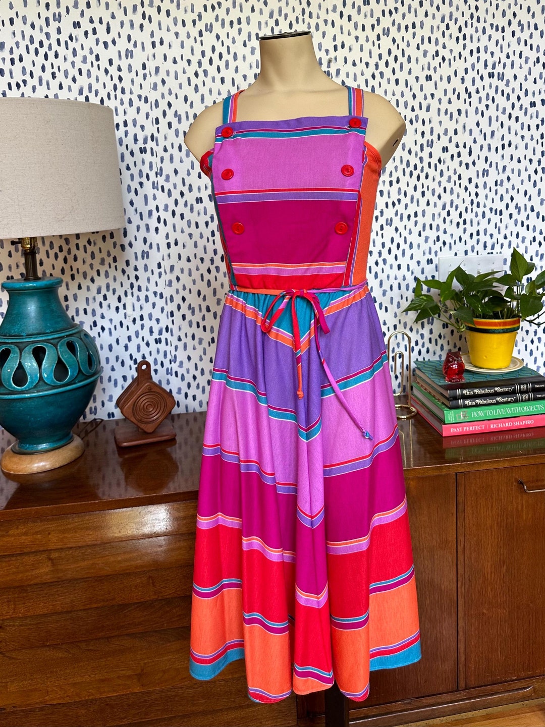 1980s Sunset Stripe Ruffled Sun Dress | XS/S