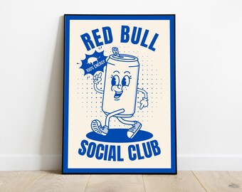 Funny Red Bull Print, Retro Cartoon Energy Can Poster, Blue Pop Art Wall Decor, Red Bull Social Club Digital Download Print