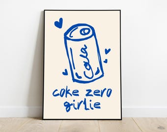 Funny &#39;Coke Zero Girlie&#39; Digital Wall Art | Scribbly Coke Can Drawing | Quirky Instant Download for Soda Lovers | Fun, Minimalist Poster