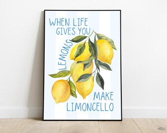 When Life Gives You Lemons Make Limoncello, Fun Kitchen Wall Print, Digital Download, Yellow Lemons & Blue Stripes, Italian Quote Home Decor