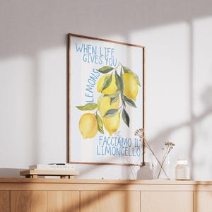 May include: A watercolor illustration of lemons on a branch with the text "When life gives you lemons, facciamo il limoncello".