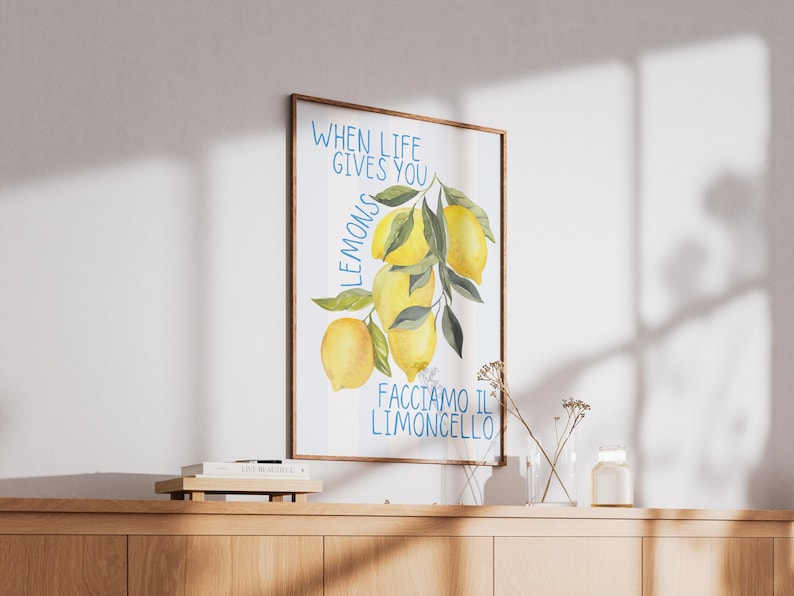 May include: A watercolor illustration of lemons on a branch with the text "When life gives you lemons, facciamo il limoncello".