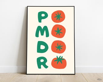 Pomodoro Tomato Wall Art - Playful Italian Kitchen Print, Minimalist Food Poster, Quirky Tomato Decor, Retro Typography Illustration