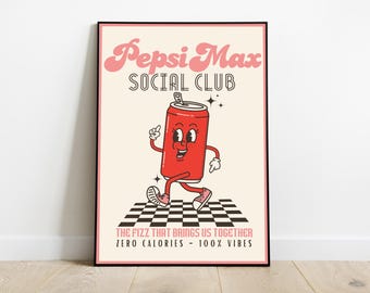 Retro Soda Can Digital Print – Cute Cartoon Pop Art Wall Art, Funny Kitchen Poster, Red Vintage Drink Decor, Instant Download