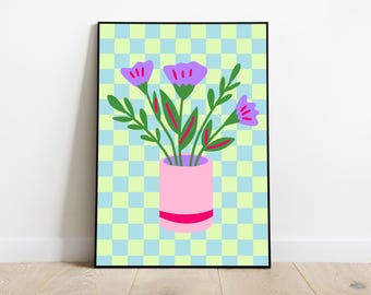 May include: A digital illustration of a bouquet of purple flowers with green stems in a pink vase. The vase has a pink stripe around the middle. The background is a light blue and yellow checkered pattern.