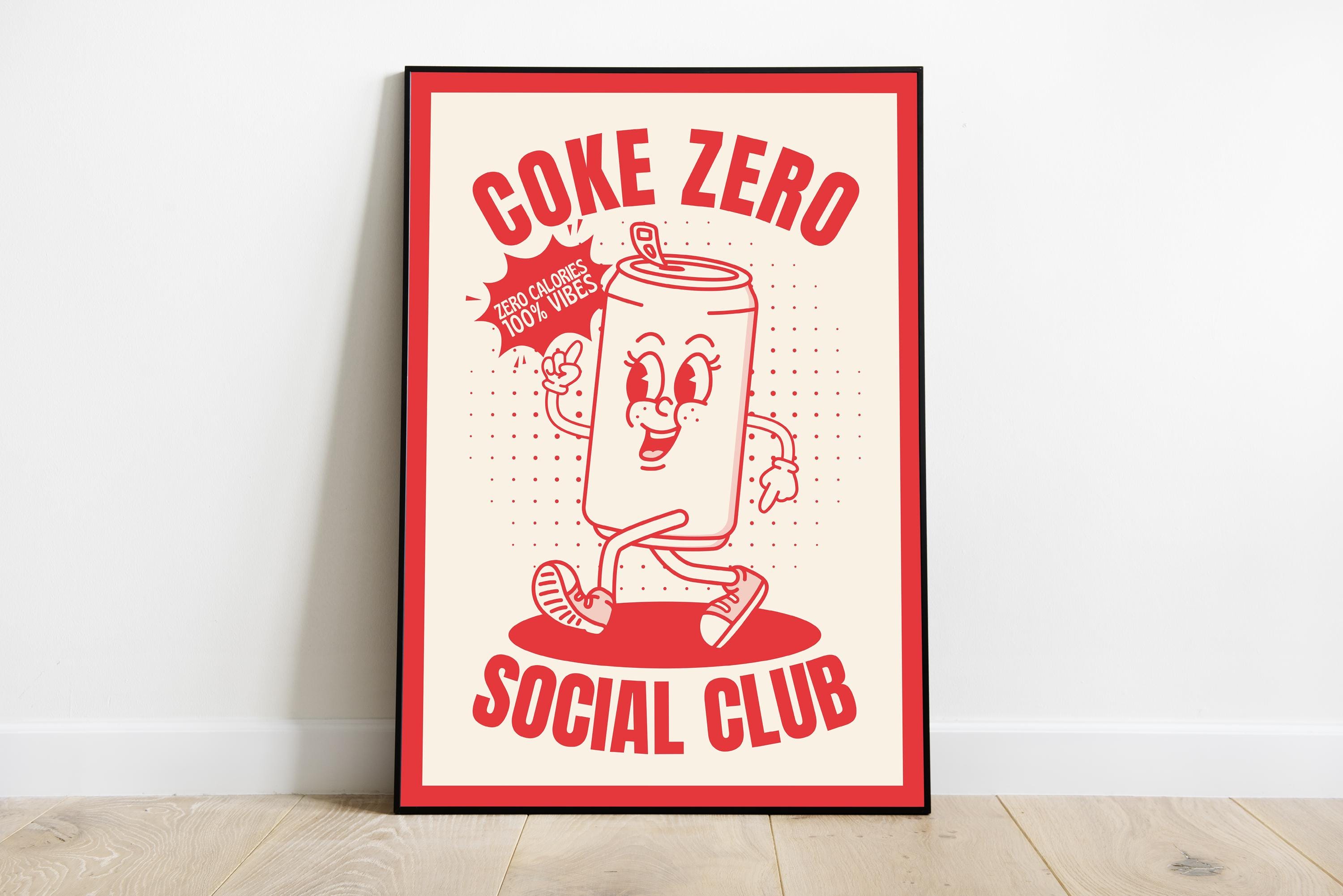 Funny Retro Coke Zero Poster - Zero Calories 100% Vibes - Cute Soda Can Art - Vintage Cartoon Wall Print - Cool Pop Art Decor