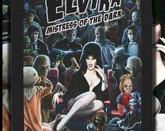 May include: A black rectangular graphic featuring Elvira, Mistress of the Dark, in a theater setting with various horror characters. The Elvira logo is in white, with the text "Mistress of the Dark" below it. The image includes the text "Nimrod Funk Creations".