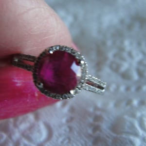 July  Birthday Beautiful ruby halo engagement  10k white gold with diamond accents ring size 6 1/2