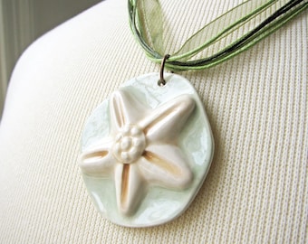 Sea Green Starfish Necklace Handmade Clay Beads