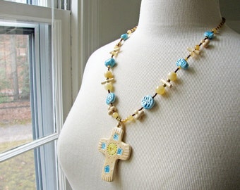 Golden Cross Necklace Handmade Beads