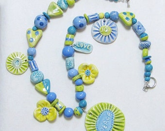 Peace Flower Necklace Handmade Clay Beads - Mothers Day