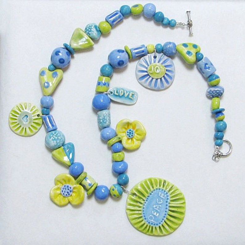 Peace Flower Necklace Handmade Clay Beads Mothers Day image 1
