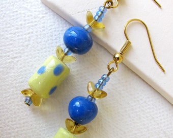 Blue Dotted Dangle Earrings - Handmade Ceramic Beads
