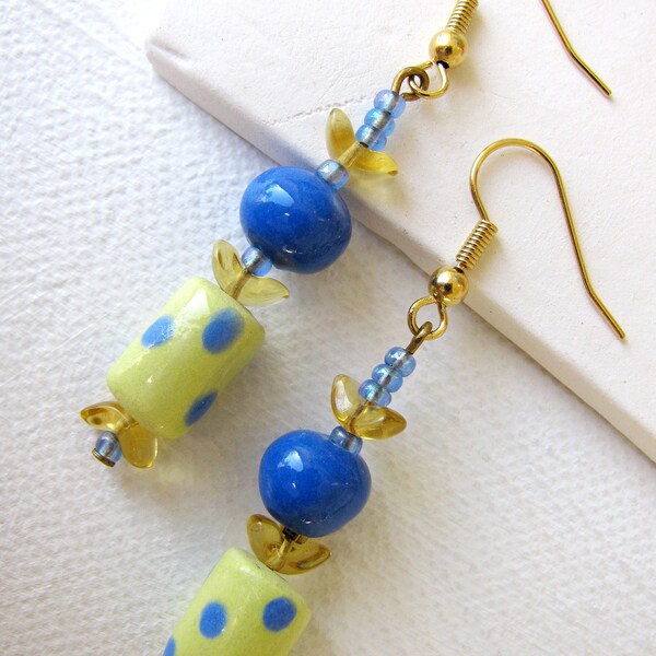 Blue Dotted Dangle Earrings - Handmade Ceramic Beads