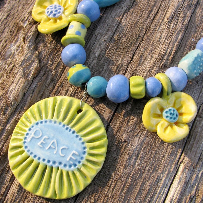 Peace Flower Necklace Handmade Clay Beads Mothers Day image 3