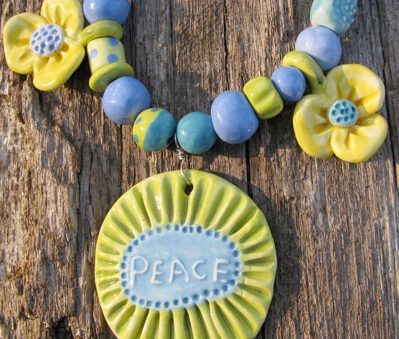 Peace Flower Necklace Handmade Clay Beads Mothers Day image 4