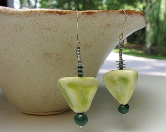 Woodsy Green Earrings Handmade Beads