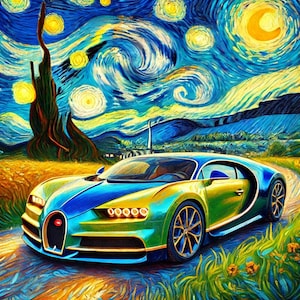 May include: A blue and gold sports car with a swirling blue and yellow background reminiscent of Van Gogh's Starry Night.
