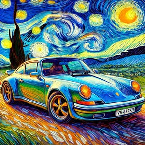 Könnte beinhalten: Ein blauer Sportwagen vor einem Hintergrund eines wirbelnden, sternenklaren Nachthimmels. Das Auto hat ein gelbes Nummernschild mit der Aufschrift "VR-377811".
