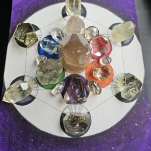 May include: A crystal grid with various clear, yellow, brown, and purple crystals arranged in a geometric pattern on a white background with a purple border. The crystals are arranged in a circle with a central point.