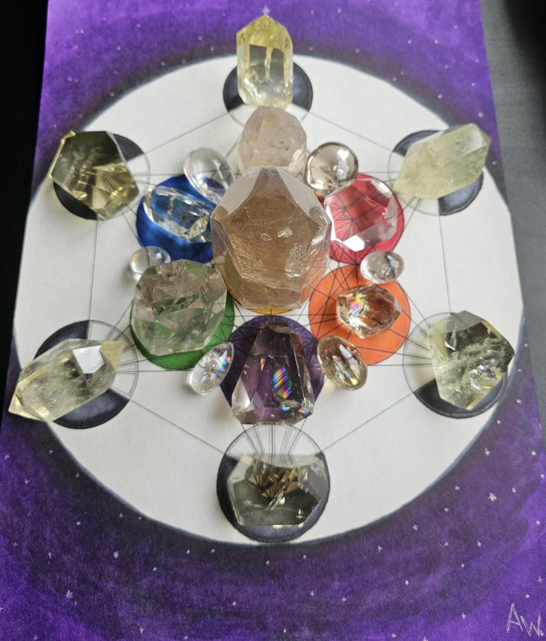 May include: A crystal grid with various clear, yellow, brown, and purple crystals arranged in a geometric pattern on a white background with a purple border. The crystals are arranged in a circle with a central point.