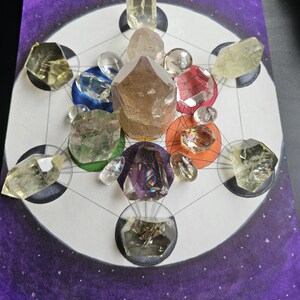 May include: A crystal grid with various clear, brown, and purple crystals arranged in a geometric pattern on a white background with a purple border. The crystals are arranged in a circle with a central point.
