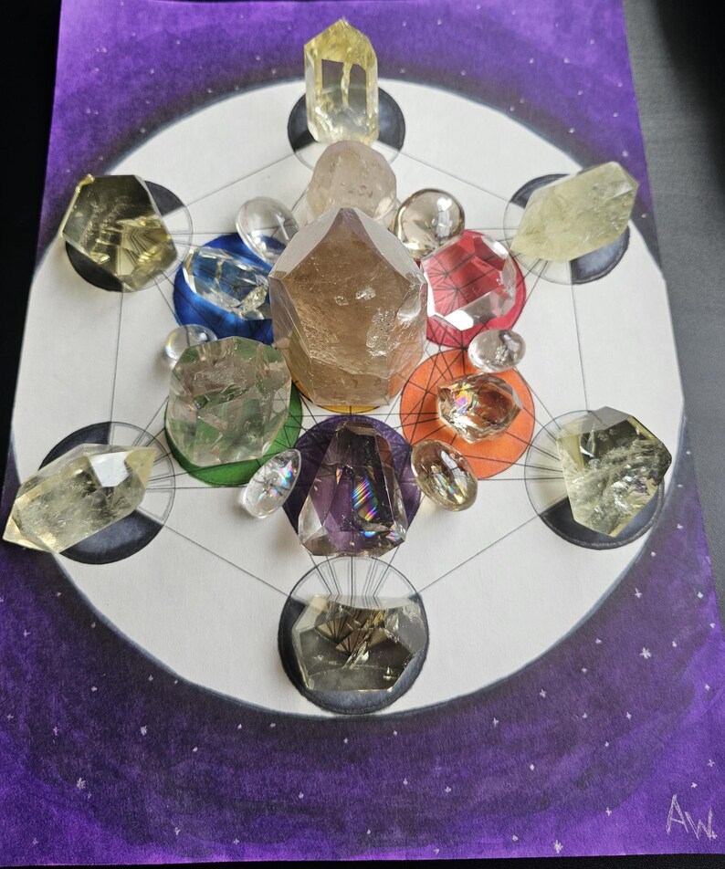 May include: A crystal grid with various clear, brown, and purple crystals arranged in a geometric pattern on a white background with a purple border. The crystals are arranged in a circle with a central point.