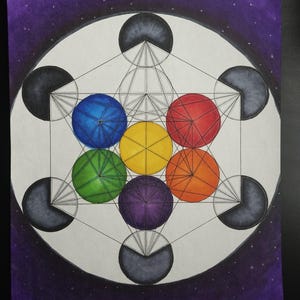May include: A geometric drawing of a six-pointed star with overlapping circles in shades of blue, green, yellow, orange, red, and purple. The star is surrounded by a circle with a dark purple background and white stars.