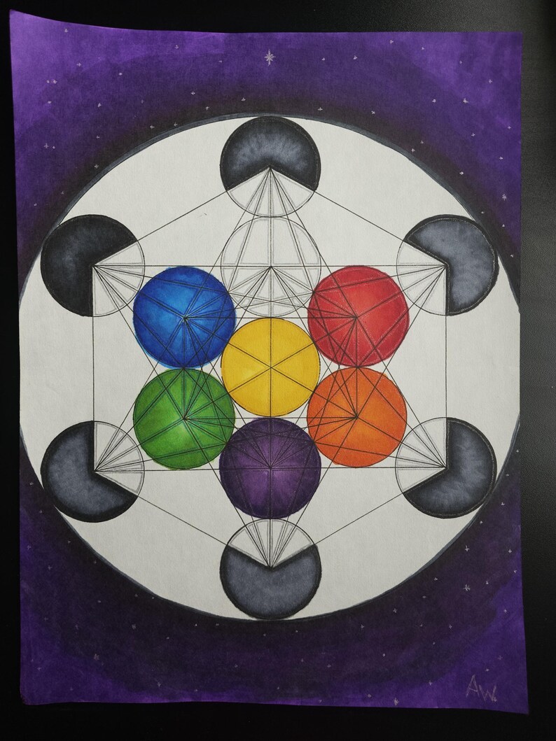 May include: A geometric drawing of a six-pointed star with overlapping circles in shades of blue, green, yellow, orange, red, and purple. The star is surrounded by a circle with a dark purple background and white stars.