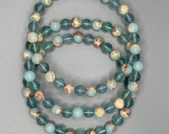 Celestial Serenity Bracelet, Shoushan Sea Sediment Jasper and Feather Blue Fluorite