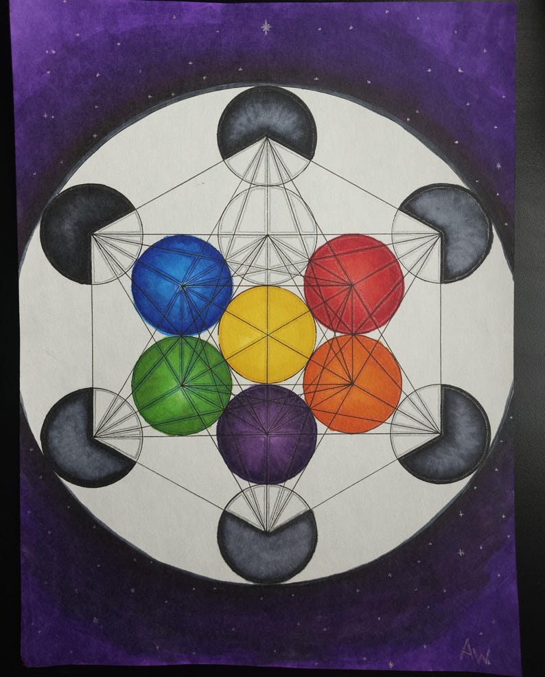 May include: A hand-drawn illustration of a geometric pattern with a circle in the center and six circles around it. The circles are colored in a rainbow pattern, with the center circle being yellow. The background is a dark purple with white stars.