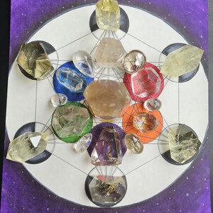 May include: A crystal grid with various clear, brown, and yellow crystals arranged in a geometric pattern on a white background with a purple border. The crystals are arranged in a circle with a star in the center.