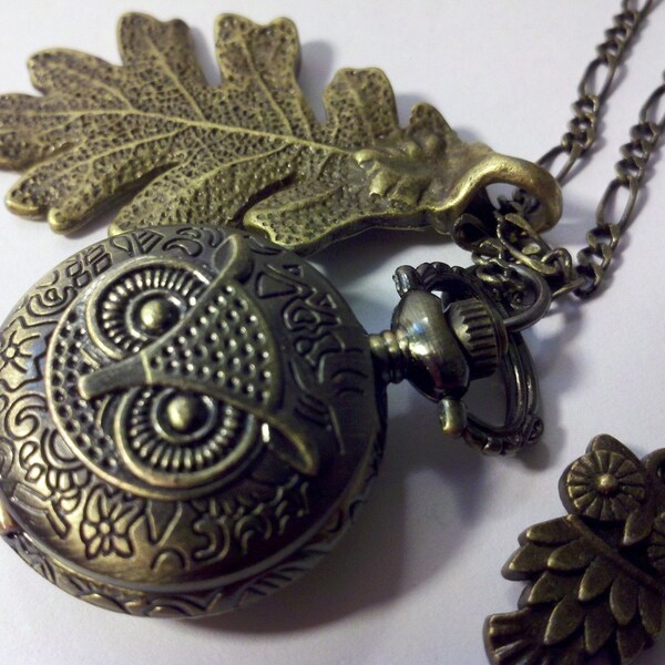 FREE SHIPPING Antique Brass Owl watch with leaf and 27inches adjustable chain