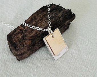 Mixed Metal Two Toned Silver and Gold Necklace: Handmade Sterling Silver and 14K Gold Filled Tag Pendant