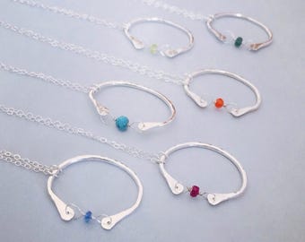 Silver Circle Gemstone Necklace Birthstone Circle Necklace Free Floating Circle Necklace / Many Stone Options