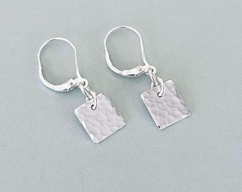 Dainty Sterling Silver Hammered Earrings – Small Square Leverback Dangle Earrings, Minimalist Everyday Lightweight Jewelry